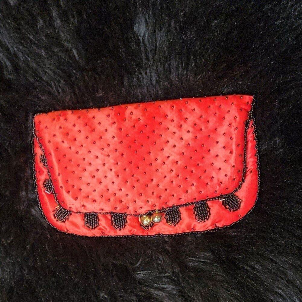Vintage Fold Over Hand Beaded Pineapple Clutch Purse, Red Satin Black Beads